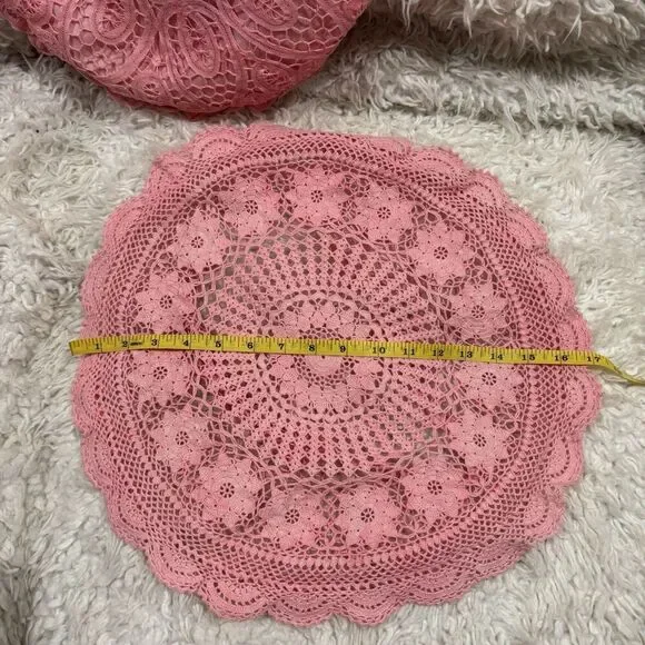 4 VINTAGE Lot Pillowcases Pink Round Crochet Battenburg Lace Square Patchwork - Picture 5 of 11